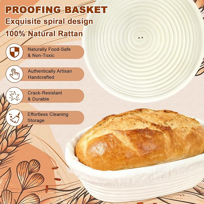 Sourdough Starter Kit,Sourdough Bread Baking Supplies, 9" Round and 10" Oval Banneton Bread Proofing Basket Set with Glass Sourdough Starter Jar, Sourdough Bread Making Tools Kit Gifts for Women Mom