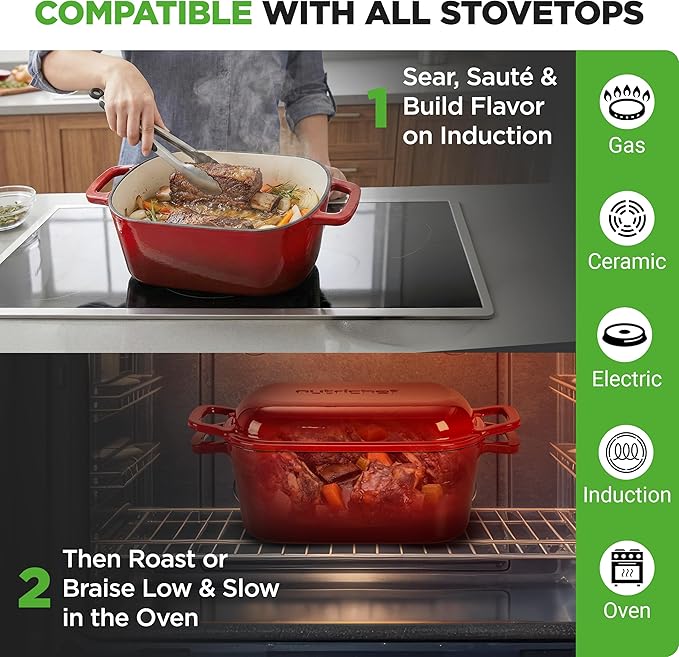 NutriChef 10" Enameled Cast Iron Bread Pan with Lid, Oval Loaf Dutch Oven with Silicone Gloves, Oven-Safe to 500°F, for Baking, Roasting, Stewing & More, Dishwasher Safe (Red)
