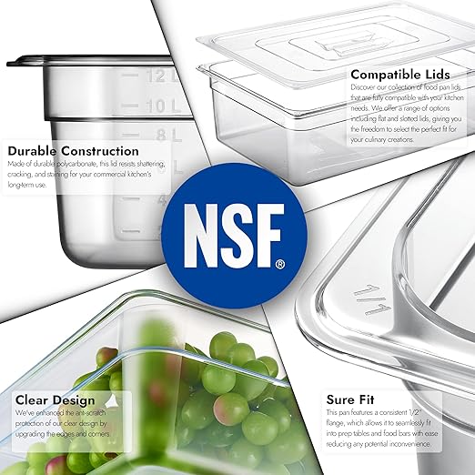 CURTA 6-Pack Full Size 6" Deep NSF Polycarbonate Food Pans | Dishwasher & Freezer Safe Clear Container for Prep Tables, Buffet, Salad Bar, Commercial & Home Kitchen