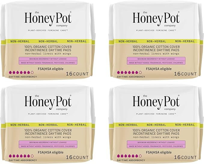The Honey Pot Company - Incontinence Pads for Women - 64ct - Daytime Non-Herbal - Bladder Leak Control - Organic Cotton Cover & Ultra-Absorbent Pulp Core - Feminine Care