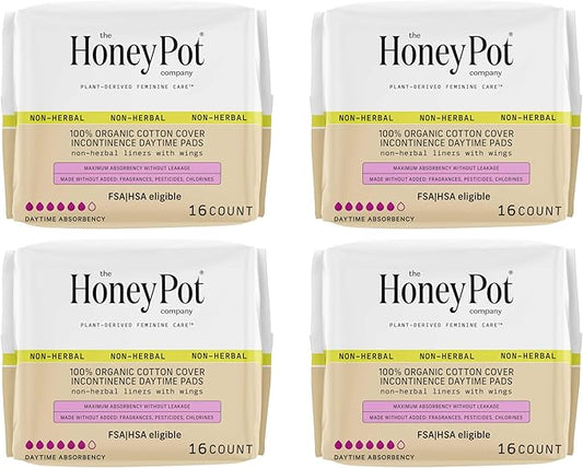 The Honey Pot Company - Incontinence Pads for Women - 64ct - Daytime Non-Herbal - Bladder Leak Control - Organic Cotton Cover & Ultra-Absorbent Pulp Core - Feminine Care