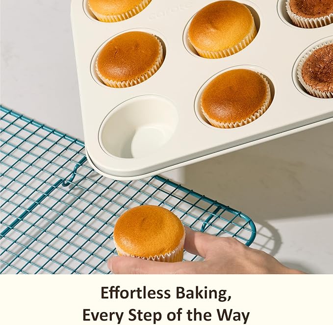 CAROTE 7-Piece Nonstick Ceramic Baking Pans Set - Bakeware Sets Including Cookie Sheets for Baking, Muffin Pan, Bread Pan, Cake pan, Loaf Pan, Roasting Pan, and Cooling Rack, LIght Blue & White