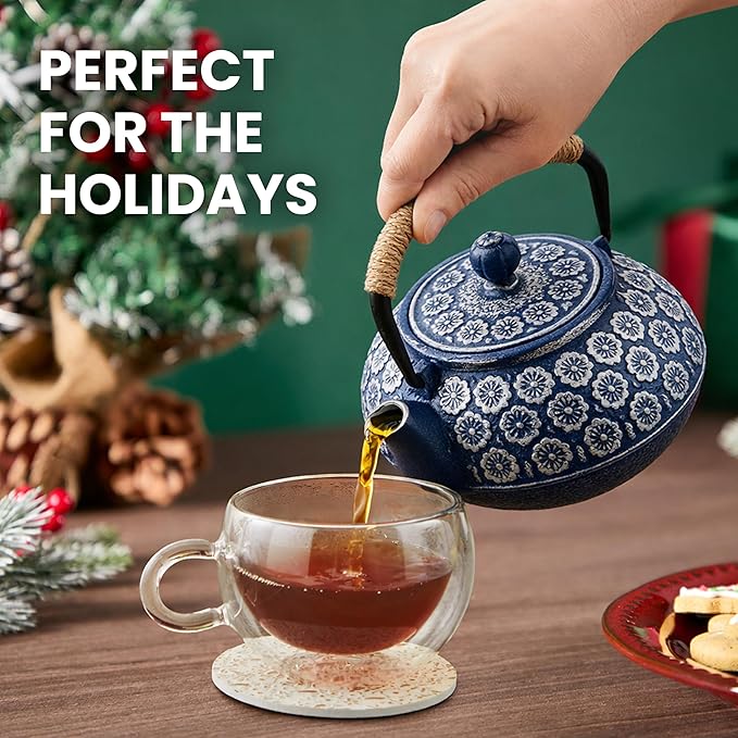 Juvale Japanese Cast Iron Teapot with Infuser & Stovetop Tea Kettle - 34 oz, Blue - Heat Retention, Removable Lid & Fold-Down Handle