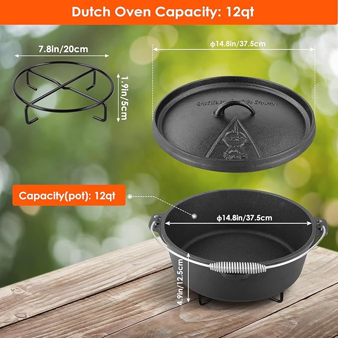 LIFERUN Dutch Oven Pot with Lid, 12 Quart Cast Iron Dutch Oven, without Feet, with Stand & Spiral-shaped Handle, Cast Iron Pot for Outdoor & Indoor, black