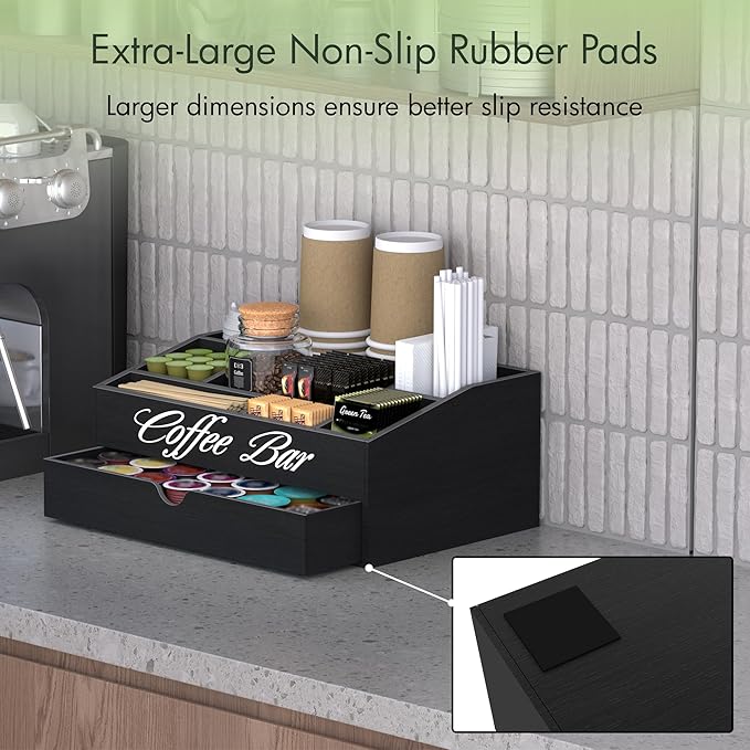 Suli Coffee Bar Station Organizer,Extra Large Wooden Countertop Pods Holder with Drawer,Storage for Condiment Syrup Tea Cups,Rustic Bar Decor for Accessories Organizer (2 Tiers 11 Compartments)-Black