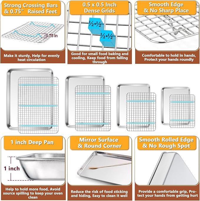 P&P CHEF 16 + 12.5 + 10.4 + 9 Inch Baking Sheet and Rack Set, 8Pcs Stainless Steel Cookie Sheets Oven Baking Pans Trays with Cooling Racks for Cooking, Oven & Dishwasher Safe, Pans with Grid Racks
