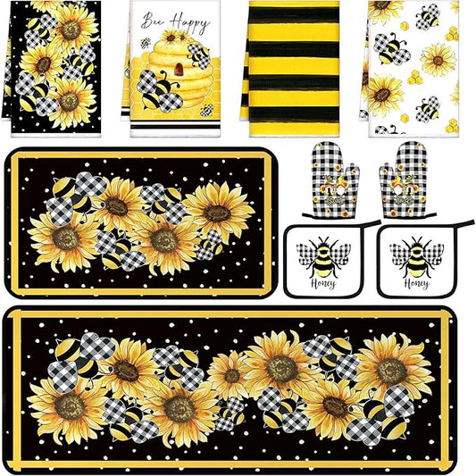 10 Pcs Bee Kitchen Decor Sunflower Oven Mitts and Pot Holders Set Yellow Bee Dish Towels Rugs Mats Buffalo Plaid Kitchen Accessories for Chef Baking Cooking Grilling BBQ Women Home Gift
