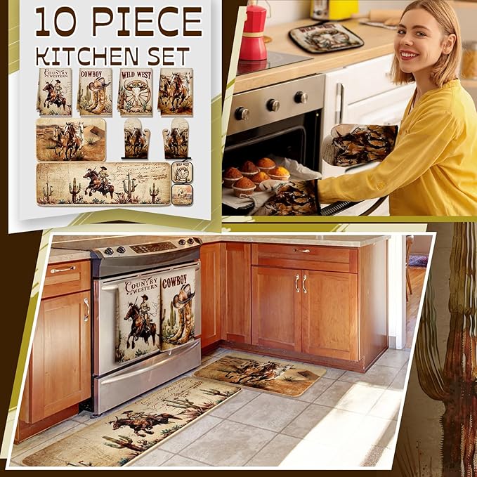 10 Pcs Western Cowboy Kitchen Decor Oven Mitts and Pot Holders Set Western Cowboy Kitchen Accessories Vintage Dish Towels Farmhouse Rugs and Mats for Home Cooking Baking Housewarming Gifts