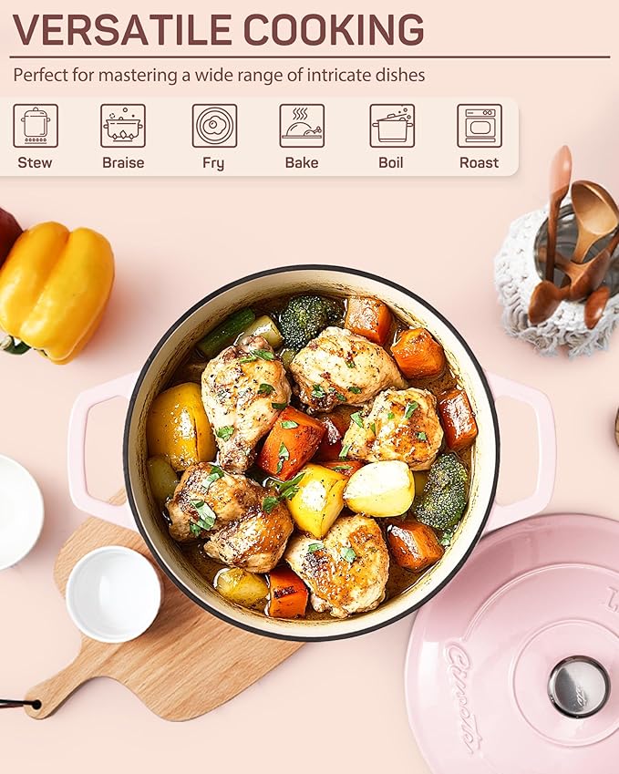 Enameled Cast Iron Dutch Oven – 4.4 Quart Pot with Lid & Potholders – Heavy-Duty Cookware for Bread Baking, Braising, Stews & Roasting – Oven & Stovetop Safe up to 500°F – Pink