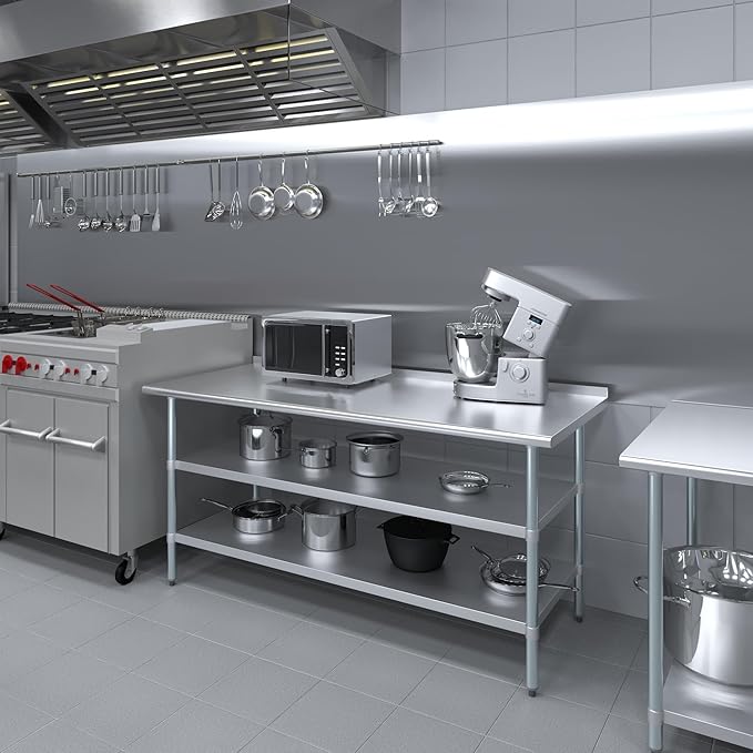 AmGood Stainless Steel Work Table with 1.5" Backsplash and 2 Shelves | Metal Kitchen Food Prep Table | NSF (72" Long x 30" Deep)