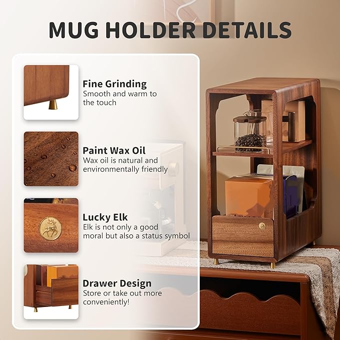 Coffee Station Organizer Wood Coffee Bar Organizer with Drawer Countertop 2 Tier Wood Shelf Storage Accessories for Home Kitchen