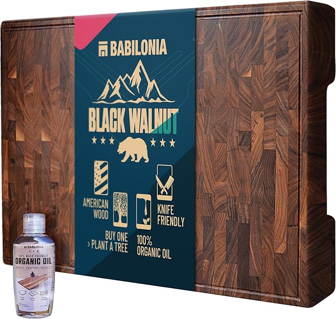 XXL American Black Walnut Cutting Board 24 x 15 Inch (ExtraThick 1.7"), Premium Quality & Professional Butcher Block. Heavy Duty End Grain Wood Chopping Board (Oil & Plate included)