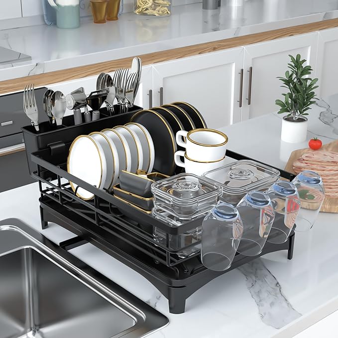Pukomc Dish Drying Rack, Stainless Steel Iron Dish drainers for Kitchen Counter with Cutlery & Cup Holders,Over The Sink Dish Drying Rack,Large,Black
