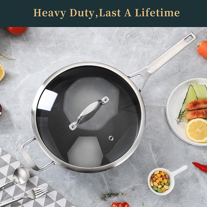 3QT Nonstick Saute Pan with Lid, 10-Inch Tri-Ply Deep Frying Pan & Large Skillet, Dishwasher & Metal Utensil Safe, Stay Cool Handle, All Stovetop + Oven Compatible (600℉)