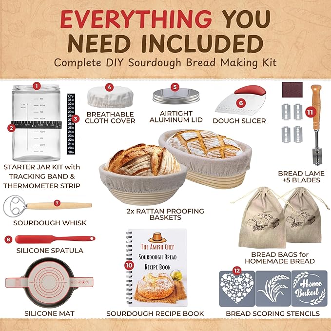 Complete Sourdough Bread Starter Kit, Glass Sourdough Starter Jar Kit & Tons of Sourdough Bread Baking Supplies - Sourdough Starter Kit Includes Sourdough Jar, Banneton Basket (2x Baskets and Jar)