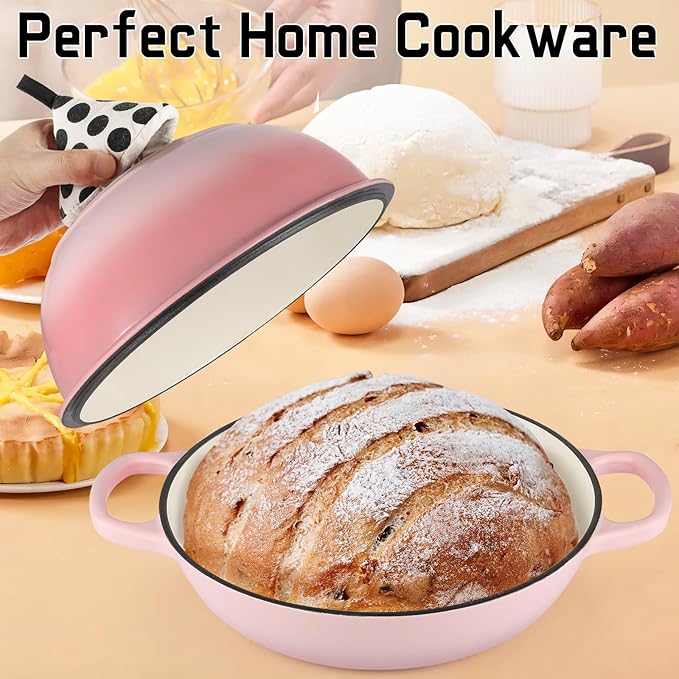 Enameled Cast Iron Bread Oven, Dutch Oven Pot with Lid & Cotton Potholder, 10" Bread Dutch Oven for Bread Baking, 6 Quarts Bread Pan with Dome Lid, Non-stick Cookware for Homemade Bread, Pink