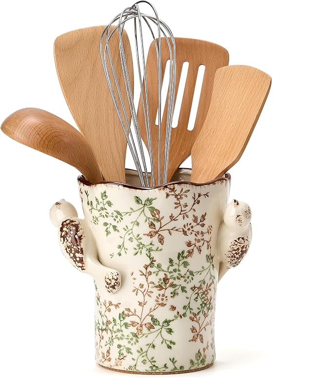 6.34“H Utensil Holder for Kitchen Counter, Modern Farmhouse Cooking Utensil Holder and Crock Home Kitchen Decor, Ceramic Utensil Organizer for Spatula, Ladle, Eggbeater, Rolling Pin- Green and Beige