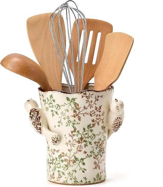 6.34“H Utensil Holder for Kitchen Counter, Modern Farmhouse Cooking Utensil Holder and Crock Home Kitchen Decor, Ceramic Utensil Organizer for Spatula, Ladle, Eggbeater, Rolling Pin- Green and Beige