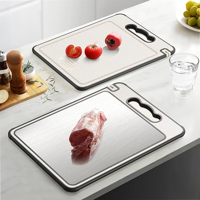 Double Sided 304 Stainless Steel & Wheat Straw Cutting Board, Non Toxic Chopping Board, Dishwasher Safe,16"*11"with 14.4"*9.8",2PCS