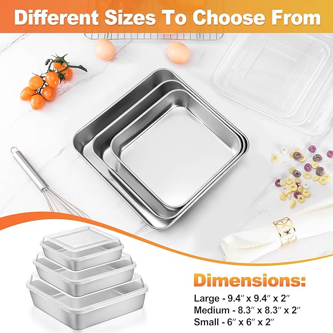 Herogo Baking Pan with Lid, 9''x 9'' Stainless Steel Nonstick Square Deep Cake Pan, Rectangle Cakes Bakeware for Brownies Casseroles, Non Toxic & Dishwasher Safe, Set of 2