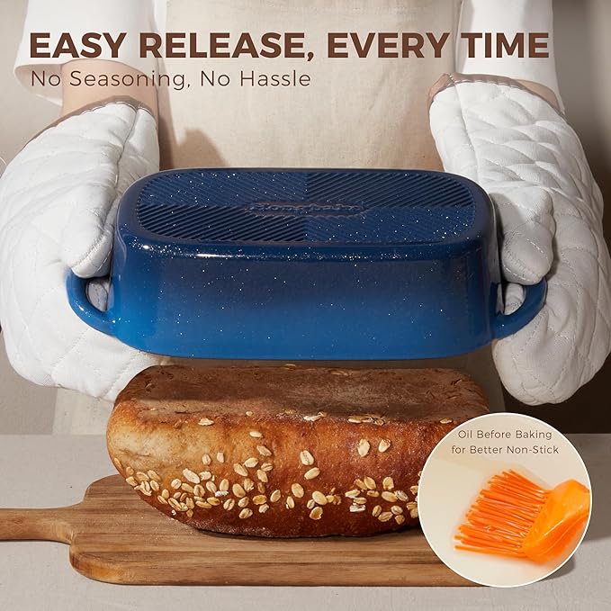 HONGBAKE Everline Collection 2 in 1 Enameled Cast Iron Loaf Pan with Lid, 9x5 Bread Pans for Baking Homemade Sourdough, Nonstick Large Banana Baking Tins, Even Heating Bread Dutch Oven, Blue