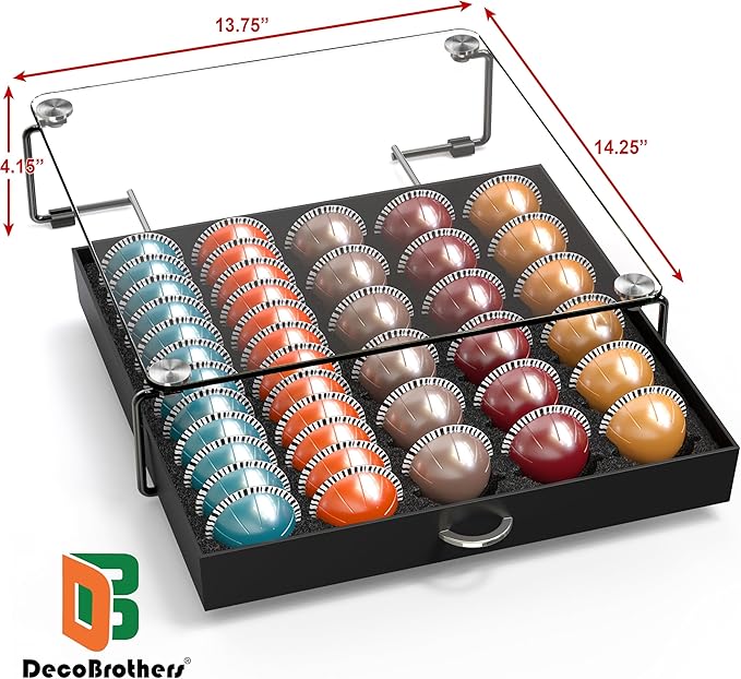 DecoBrothers Crystal Tempered Glass Vertuo Pod Holder Drawer, 30 Large or 60 Small Nespresso Capsule Organizer, Black