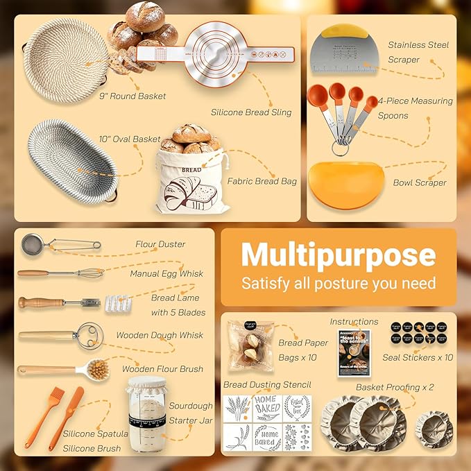 Sourdough Bread Baking Supplies,Sourdough Starter Kit,2 Cotton Rope Banneton Proofing Basket,Bread Proofing Basket Making Tool Kit,Sour Dough Kit Tools,Baking Gifts for Women,Bakers,Wife,Mom