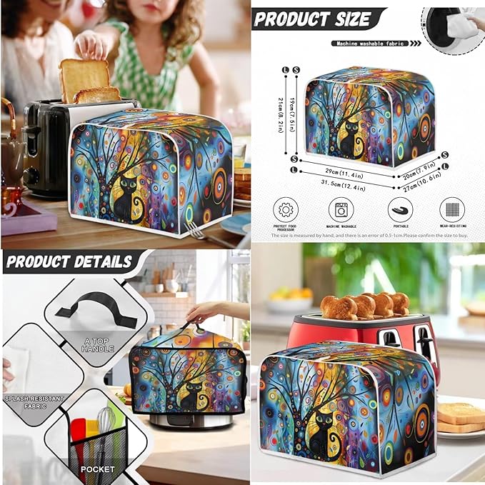 Modern Art Cat Slow Cooker Cover Toaster Covers Stand Mixer Cover Set of 3,Black Cat 2 Slice Toaster Cover Stain Resistant Blender Cover for Home Kitchen Decor (Blue)