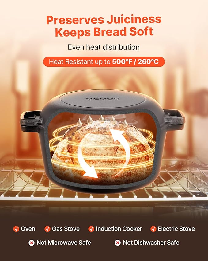 VEVOR Cast Iron Dutch Oven, 2-in-1 Pre-Seasoned Pot with Skillet Lid, 5QT Cookware Pan with Proofing Basket, Bread Baking Accessories, Bread-Oven Compatible 500℉