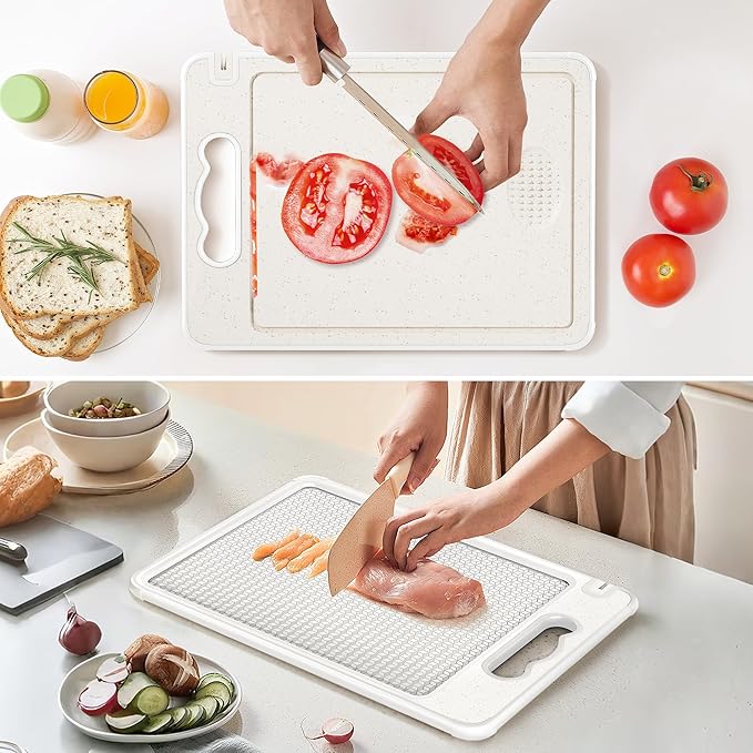 Double Sided 304 Stainless Steel & Wheat Straw Cutting Board, 14.4"*9.8" Non Toxic Lightweight Chopping Board, Separately Handle Meat and Vegetables, Dishwasher Safe, Scratch Resistant Mesh Design