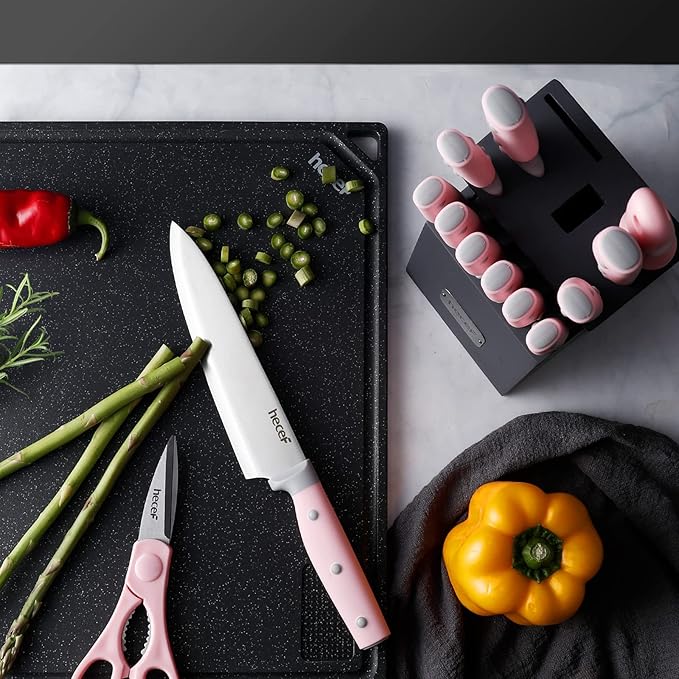 hecef Kitchen Knife Block Set, 14 Pieces Knife Set with Wooden Block & Sharpener Steel & All-purpose Scissors, High Carbon Stainless Steel Cutlery Set (Pink)