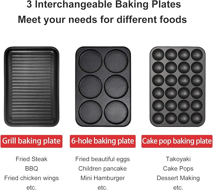 3 in 1 Multifunctional Electric Griddle Electric Skillet Nonstick Baking Maker with 3 Interchangeable Baking Plates for Takoyaki Maker Cake Pop Maker Pancake Maker White