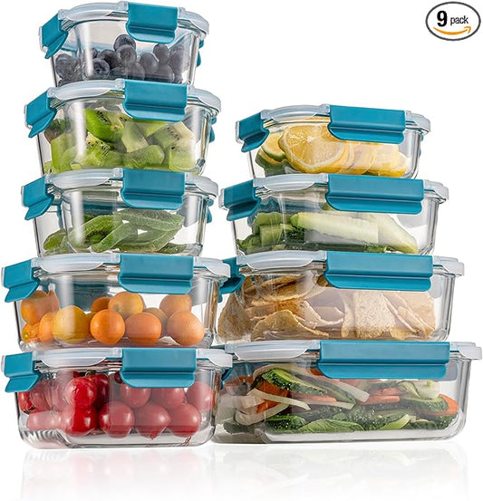 GENICOOK 9-Pack Glass Food Storage Containers with Airtight Locking Lids – Glass Meal Prep Container Set, BPA-Free, Stackable, Microwave, Oven, Freezer & Dishwasher Safe