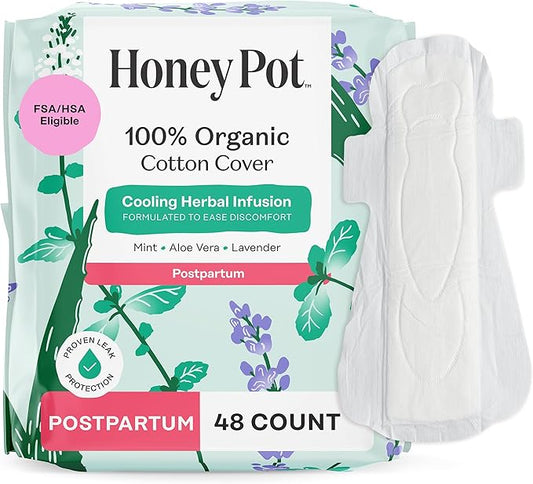 The Honey Pot Company - 48ct - Herbal Postpartum Pads w/Wings - Infused w/Essential Oils for Cooling Effect, Organic Cotton Cover, & Ultra-Absorbent - Feminine Care