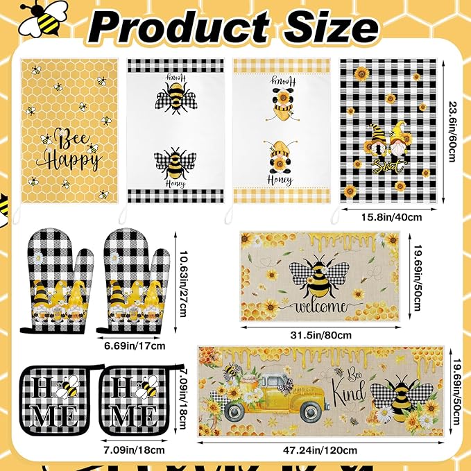 10 Pcs Bee Kitchen Decor Sunflower Oven Mitts and Pot Holders Set Bee Dish Towels Rugs Mats Buffalo Plaid Farmhouse Kitchen Accessories for Chef Baking Cooking Grilling BBQ Women Home Gift