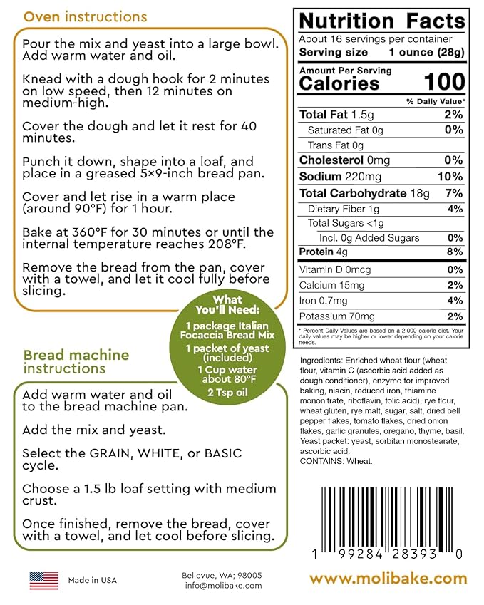 Molibake Italian Focaccia Bread Mix – Pack of 2 – Premium Artisan Italian Bread Mix for Bread Machine and Oven – 15 oz – All-Natural Gourmet Mediterranean Blend with Bell Pepper, Tomato, Onion, Garlic & Herbs – Easy Homemade Baking