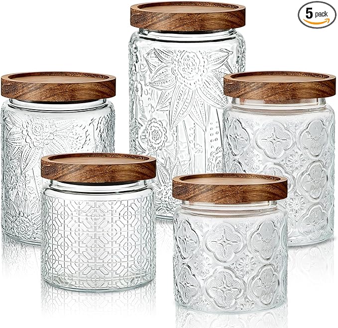 Gerrii 5 Pcs Vintage Glass Food Storage Containers 17/24/34 oz Glass Jar with Lid Airtight Candy Jar Food Canisters for Kitchen Counter Pantry Coffee Beans (Begonia, sunflower, window Grilles Round)
