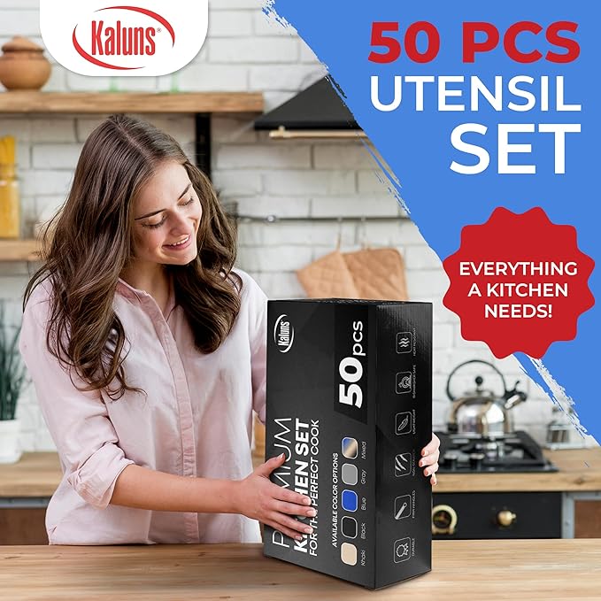 Kaluns 50 PCS Silicone Kitchen Utensils Set Complete Kitchen Set - 800°F Heat Resistant Non-Stick Premium Cooking Utensils W Wooden Handles - Can Opener, Masher, Turner, Silicone Spatula Set