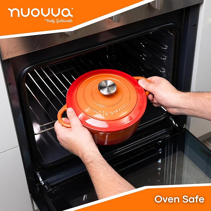 Cast Iron Dutch Oven with Lid – Non-Stick Ovenproof Enamelled Casserole Pot – Sturdy Dutch Oven Cookware – Orange, 3.1-Quart, 22cm – by Nuovva