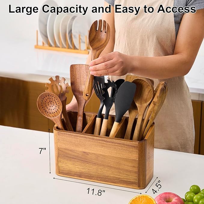 Wooden Utensil Holder for Kitchen Counter, Acacia Wood Kitchen Utensil Holder for Countertop with 4 Compartment, Cooking Utensil Organizer, Silverware Caddy (Acacia Wood, 3Compartment)