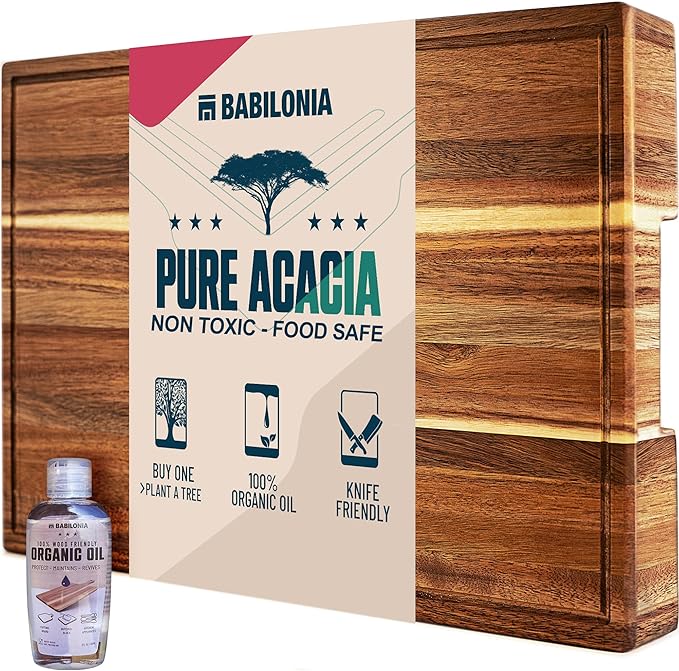 Acacia Wood Cutting Board for Kitchen, 15.7 x 10.2 Inch (ExtraThick 1.6") Wooden Chopping Board for Meat, Cheese, Charcuterie Boards with Handles. Premium Quality Butcher Block (Oil & Plate Included)
