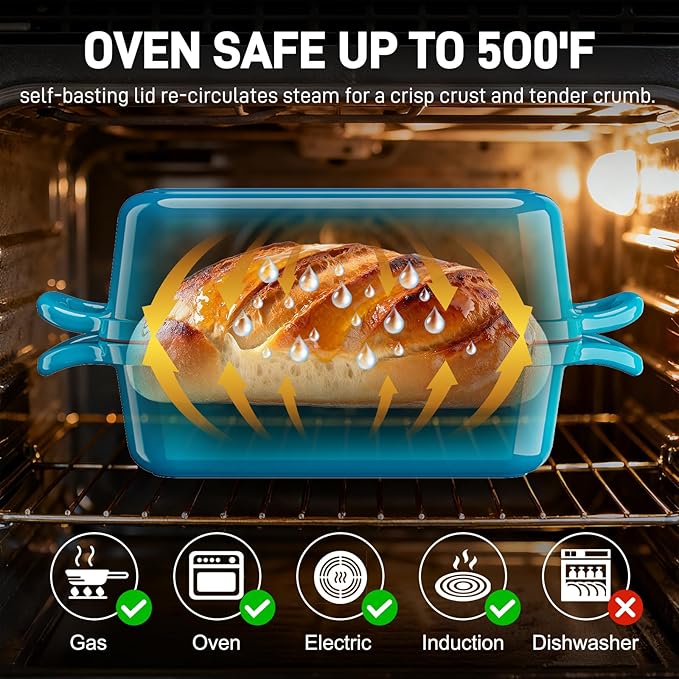 Enameled Cast Iron Sourdough Bread Dutch Oven, 9x5 Inch Loaf Cast Iron Bread Pan for Homemade Bread Baking, Sourdough Baking Pans, Meatloaf Pan with Lid, 2 Piece set, Emerald