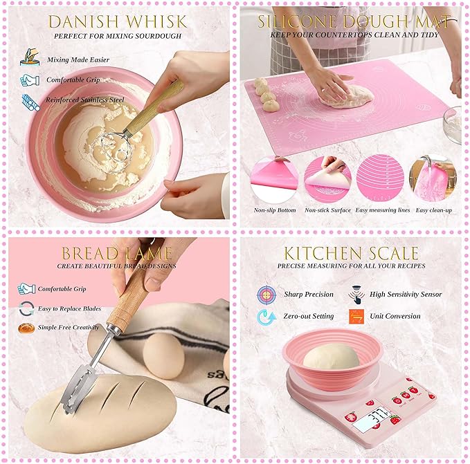 Sourdough Starter Kit, Sourdough Bread Baking Supplies, Sourdough Kit, Bread Making Tools and Kit, Bread Proofing Baskets, Sourdough Starter Jar, Beginner Friendly Sour Dough Kit (Cute Pink)