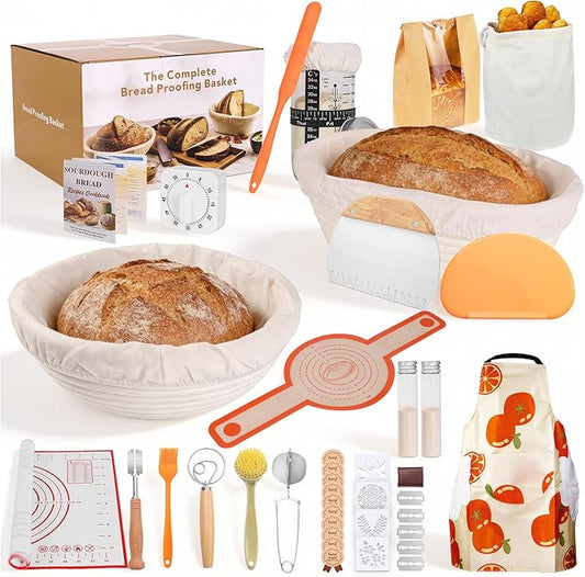 Complete Sourdough Starter Kit with 9" Round & 10" Oval Banneton Proofing Baskets, 22oz Glass Jar, Lame, Whisk, Scraper, Stencils, Slings, Rack, Mat & More – 23-Piece Professional Bread Baking Kit