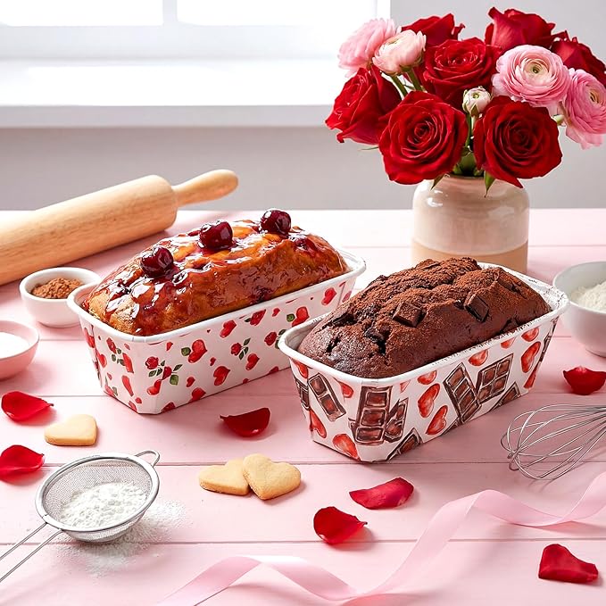 Honeydak 100 Sets Mini Loaf Baking Pans Bulk Paper Loaf Pans for Baking 6.3 x 2.2 x 2.2 in Romantic Disposable Serving Tray Heart Rose Chocolate Pattern Party Supplies (Valentine)