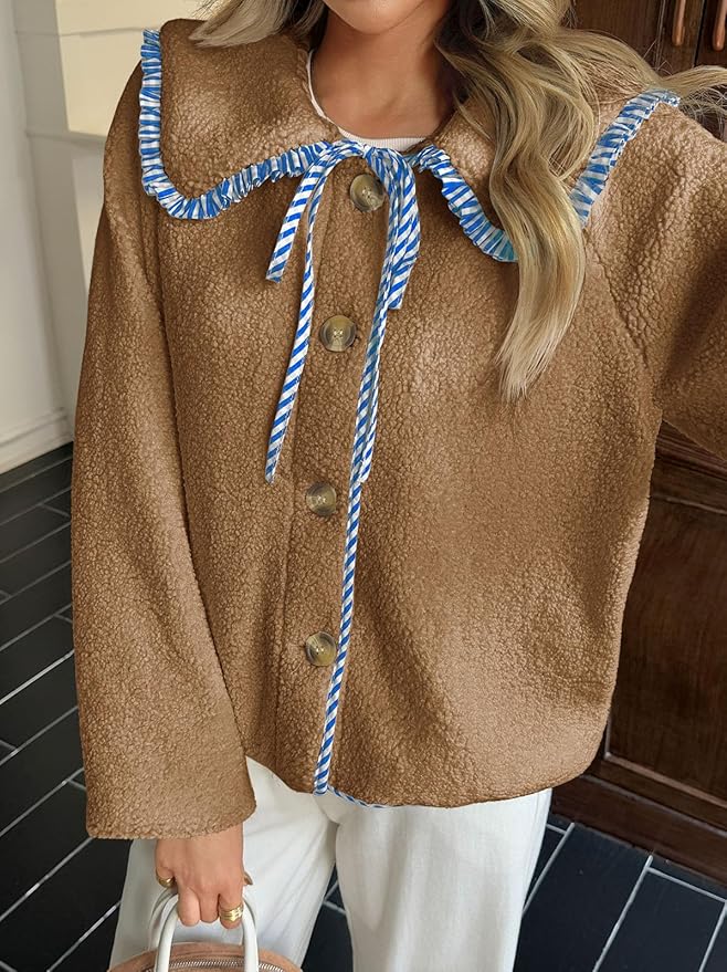Tankaneo Womens Fuzzy Fleece Jacket Peter Pan Collar Button Down Fall Winter Sherpa Coats Colorblock Cute Warm Outerwear