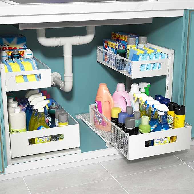 Under Sink Organizer, Bathroom Organizers and Storage, Cabinet Organizer Pottery Barn Furniture for Kitchen, Bathroom, Pantry, Laundry, Study, White，1XL, 2PCS