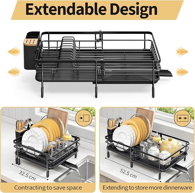Expandable Dish Drying Rack for Kitchen Counter, Large Extendable Dish Rack with Bamboo Cover Cutlery Holder, Multifunctional Adjustable Dish Dryer Drainer