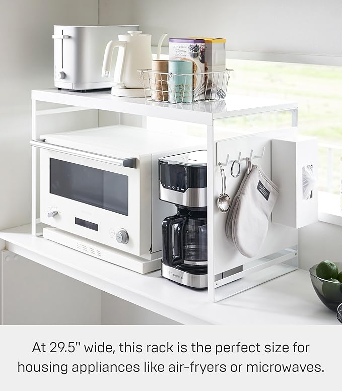 YAMAZAKI Home Kitchen Appliance Rack, Microwave Stand With Steel Side Panel, Adjustable Shelves, Hooks & Storage For Countertops, Small Kitchen Organizer, Modern Minimal Design - Steel
