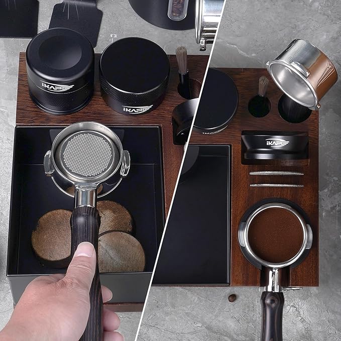IKAPE V5 Espresso Knock Box, Espresso Coffee Organizer Box Fit for Storage 51, 54, 58MM Espresso Tamper, Distributor, Portafilter & Puck Screen Accessories, Natural Walnut Station Base(9 IN One)